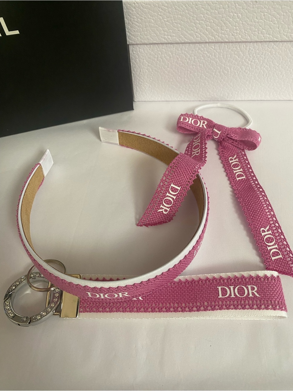 Dior Ribbon Pink Headband with Matching Bow Hair Tie/Key Wristlet